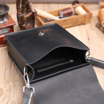 Handmade Black LEATHER MENs Vertical Messenger Bag Black Small Side Bag FOR MEN