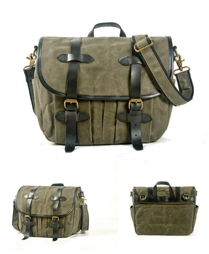 Khaki Waxed Canvas Leather Mens Cycling Messenger Bags Khaki Canvas Side Bag For Men