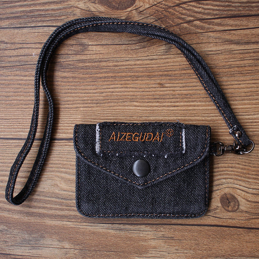 Vintage Womens Denim Card Holder with Lanyard Denim Black Small Card Coin Purse for Women