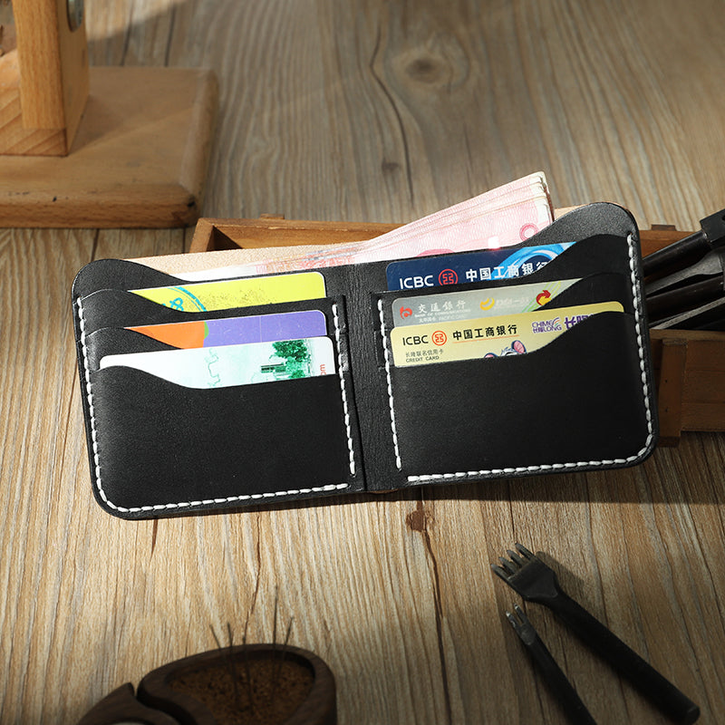 Handmade Slim Black Leather Mens Billfold Wallets Personalize Bifold Small Wallets for Men