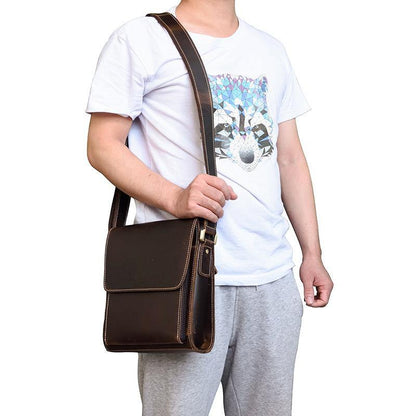 Brown Leather Messenger Bag Men's Vertical Side Bag Small Vertical HandBag Courier Bag For Men