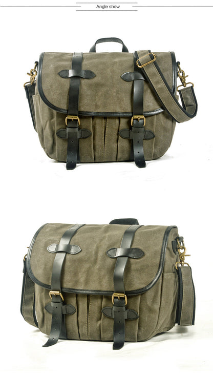 Khaki Waxed Canvas Leather Mens Cycling Messenger Bags Khaki Canvas Side Bag For Men