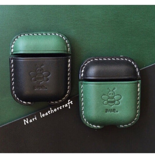 Personalized Green&Black Leather AirPods 1,2 Case Custom Black&Green Leather 1,2 AirPods Case Airpod Case Cover