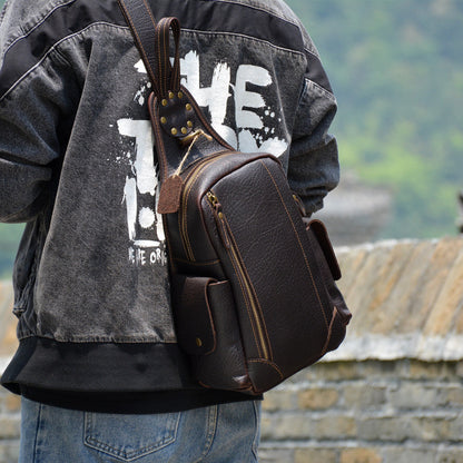 Brown Leather Men's Sling Bag Chest Bag Cool One shoulder Backpack For Men