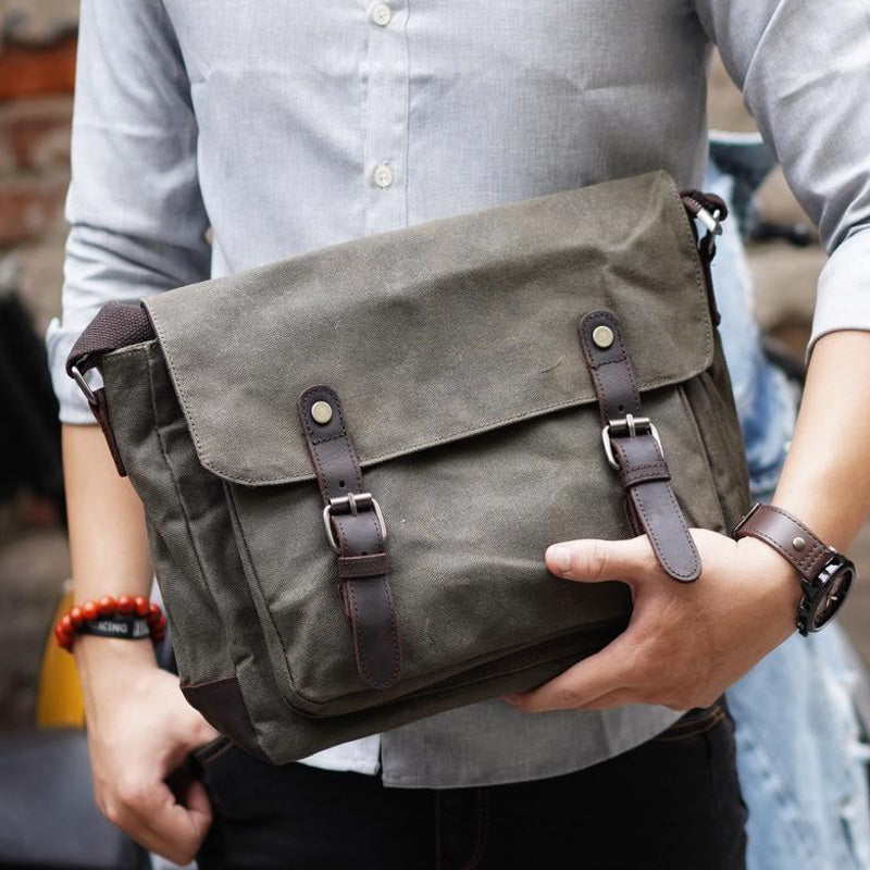 Gray Waxed Canvas Side Bag Mens Cycling Gray Canvas Messenger Bags For Men