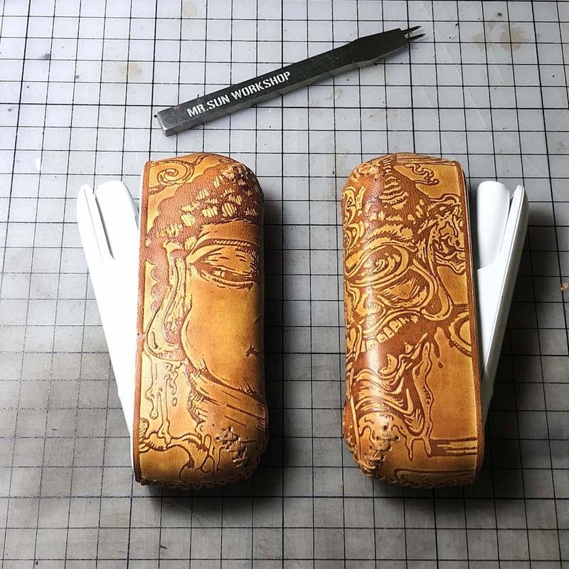 Handmade Tooled Grid Leather Mens IQOS 3.0 Cigarette Case IQOS3.0 Holder for Men