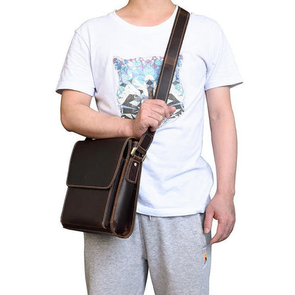 Brown Leather Messenger Bag Men's Vertical Side Bag Small Vertical HandBag Courier Bag For Men