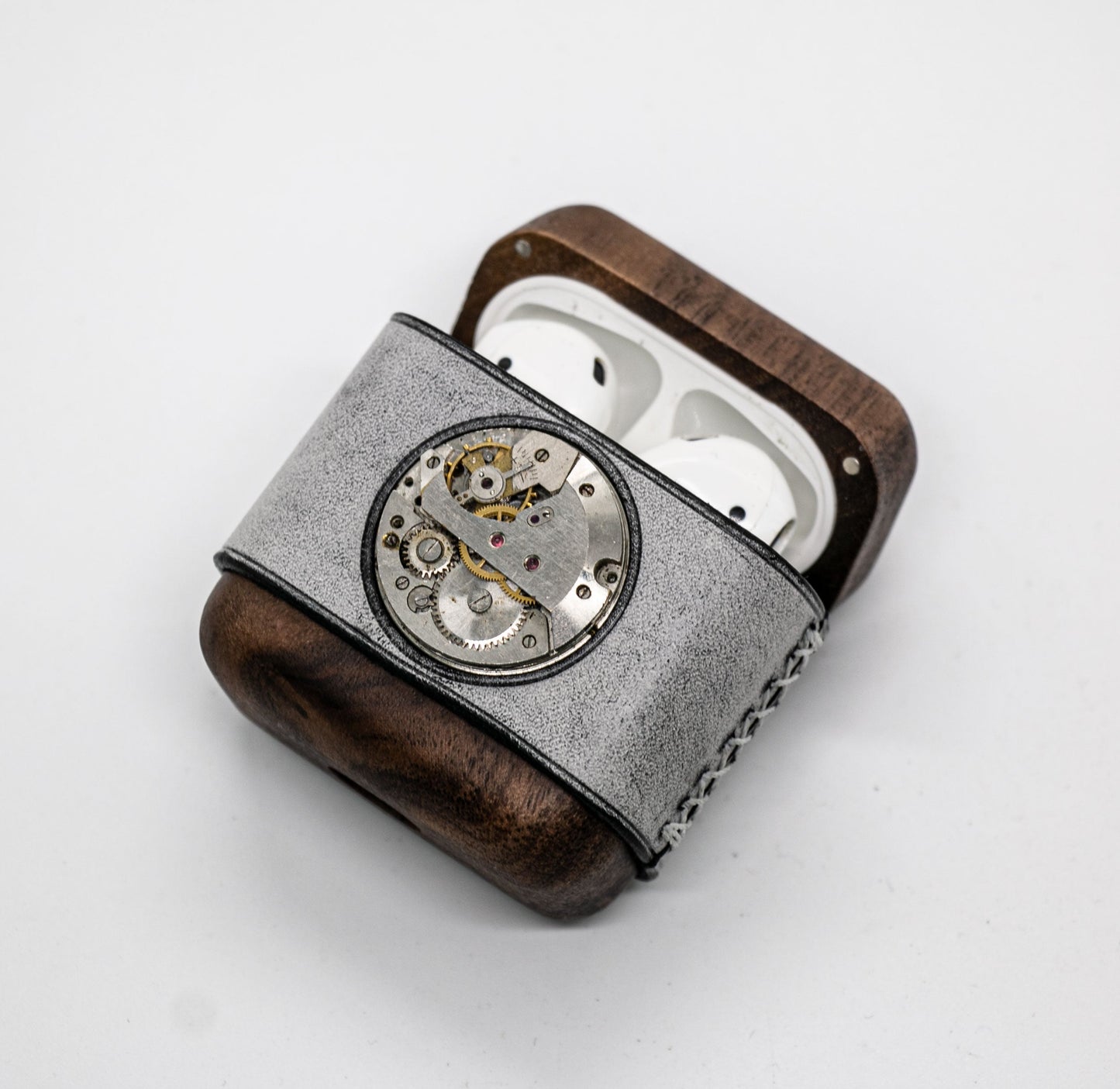 Handmade Leather Wood AirPods 1,2 Case with Silver Watch Movement Custom Leather AirPods 1,2 Case Airpod Case Cover