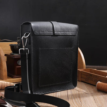 Handmade Black LEATHER MENs Vertical Messenger Bag Black Small Side Bag FOR MEN