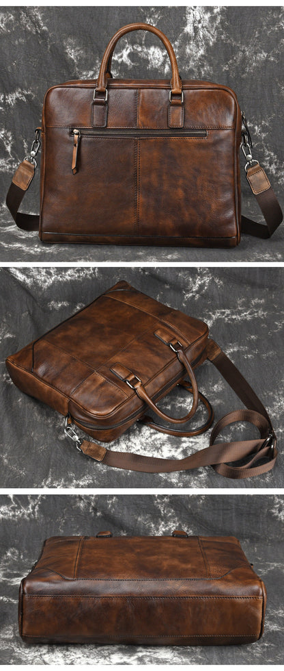 Vintage Leather Mens Briefcase Postman Bag 14inch Laptop Bag Handbag Work Bag For Men