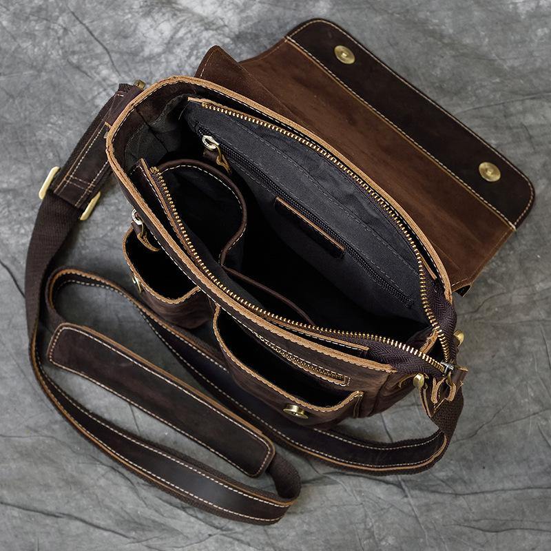 Small Brown Leather Messenger Bag Men's Vertical Side Bag Vertical HandBag Courier Bag For Men