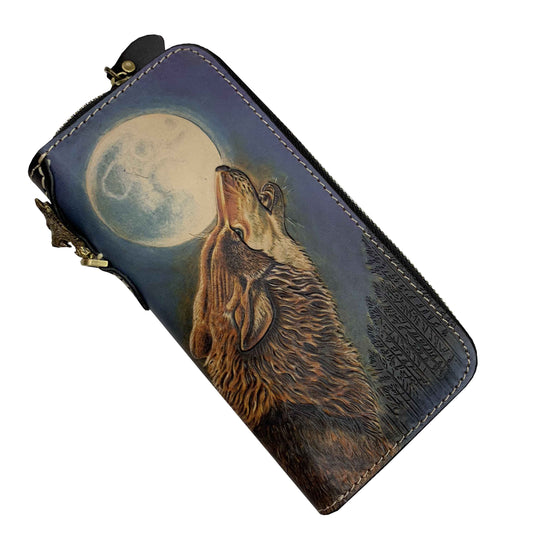 Handmade Cool Tooled Wolf Leather Men's Biker Chain Wallet Zipper Long Chain Wallet For Men