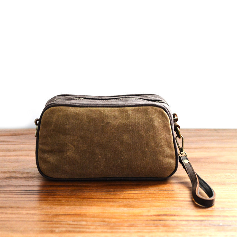 Mens Khaki Waxed Canvas Dopp Kit Mini Messenger Bag Canvas Toiletry Bag for Men