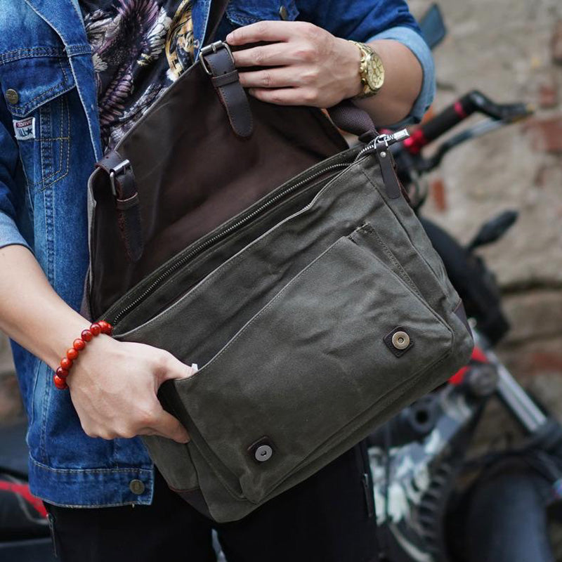 Khaki Waxed Canvas Side Bag Mens Cycling Canvas Messenger Bags For Men