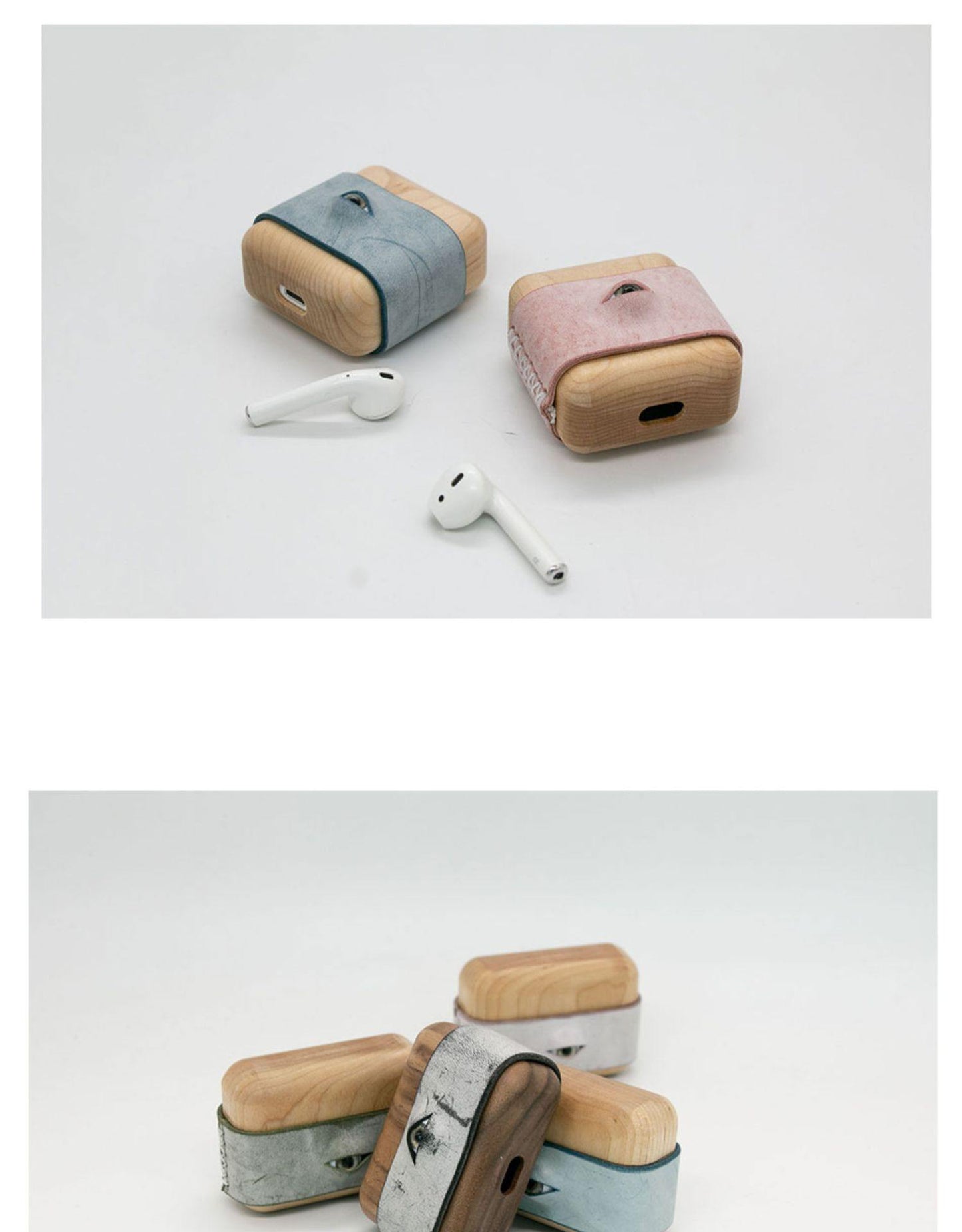 手工綠色皮革木質 AirPods 1,2 保護殼帶眼睛訂製皮革 AirPods 1,2 保護殼 Airpod 保護套