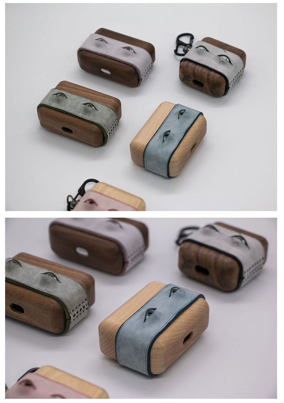 Handmade Blue Leather Wood AirPods Pro Case with Eyes Custom Leather AirPods Pro Case Airpod Case Cover