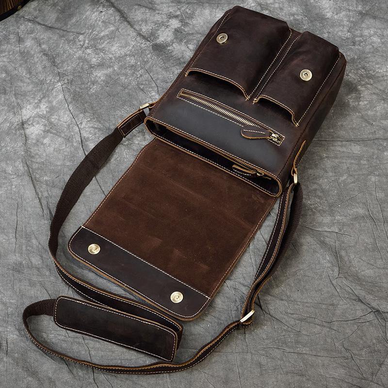 Small Brown Leather Messenger Bag Men's Vertical Side Bag Vertical HandBag Courier Bag For Men