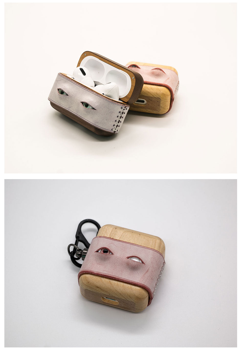 Handmade Pink Leather Wood AirPods Pro Case with Eyes Custom Leather AirPods Pro Case Airpod Case Cover