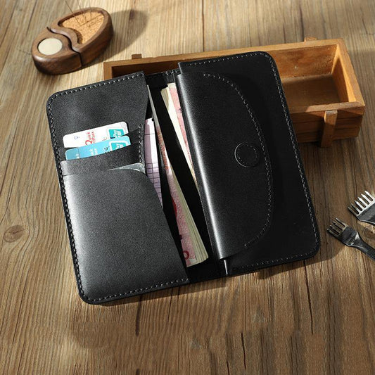 Black Leather Mens Bifold Long Wallets Personalized Handmade Black Travel Leather Wallet for Men