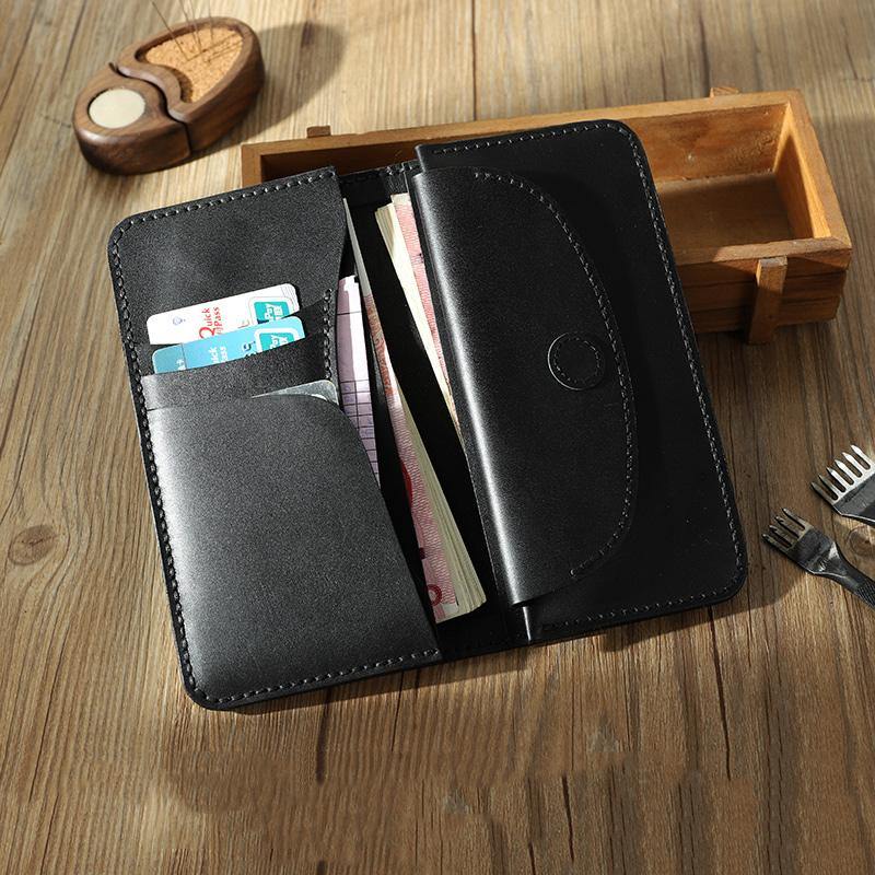 Coffee Leather Mens Bifold Long Wallets Personalized Handmade Coffee Travel Leather Wallet for Men