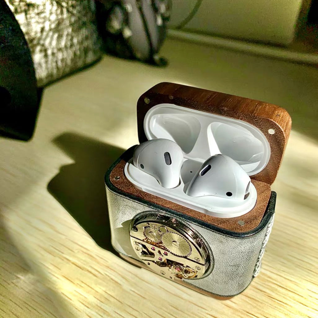 Handmade Leather Wood AirPods Pro Case with Watch Movement Custom Leather AirPods Pro Case Airpod Case Cover