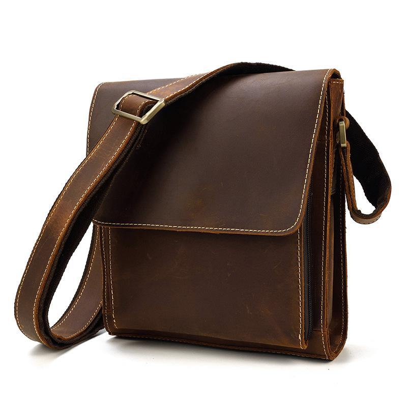 Brown Leather Messenger Bag Men's Vertical Side Bag Small Vertical HandBag Courier Bag For Men