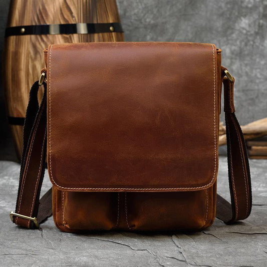 Small Brown Leather Messenger Bag Men's Vertical Side Bag Vertical HandBag Courier Bag For Men