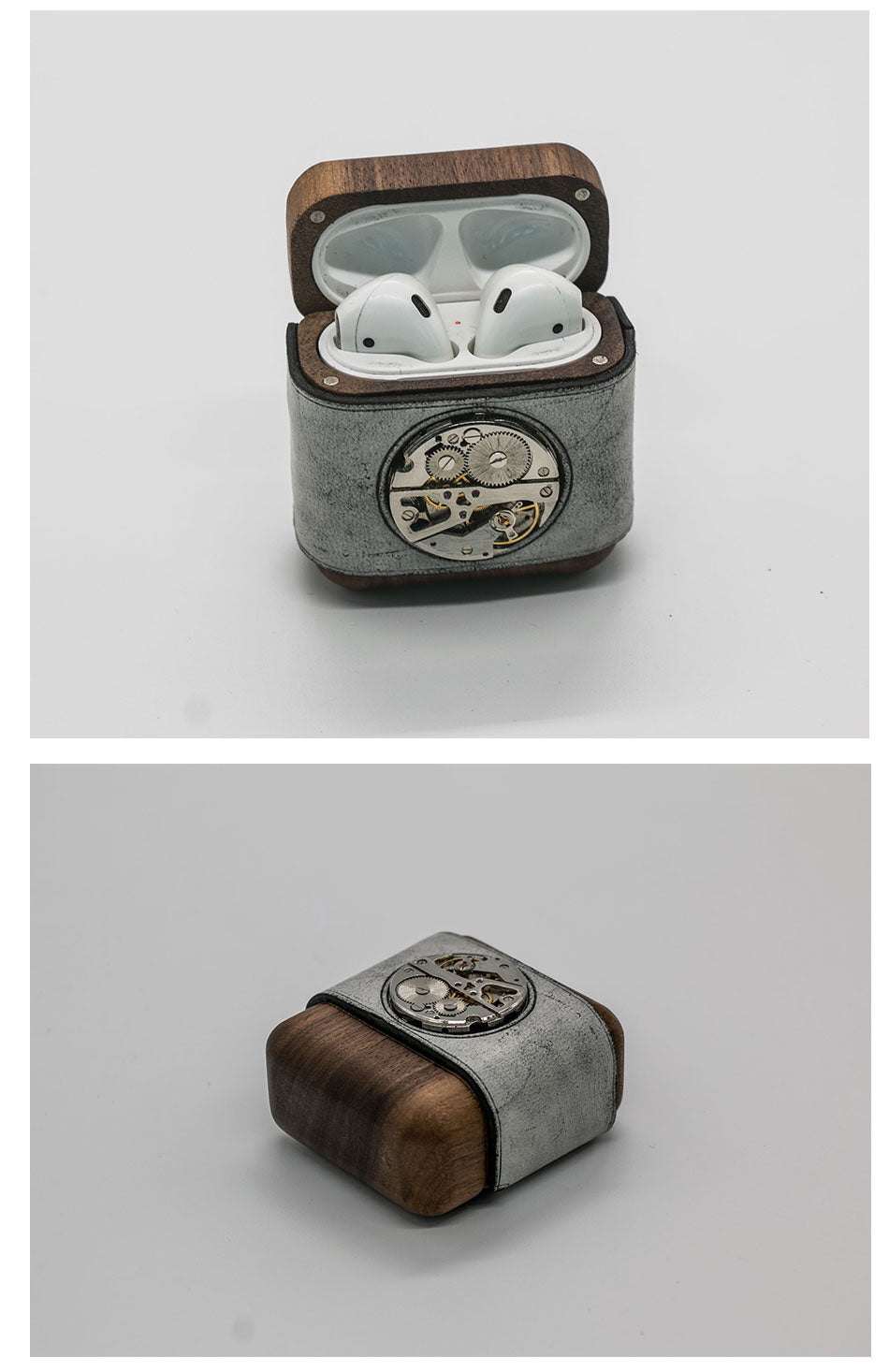 Leather Wood AirPods 1,2 Case with Silver Watch Movement Handmade Custom Leather AirPods 1,2 Case Airpod Case Cover