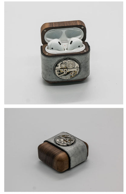 Leather Wood AirPods 1,2 Case with Silver Watch Movement Handmade Custom Leather AirPods 1,2 Case Airpod Case Cover