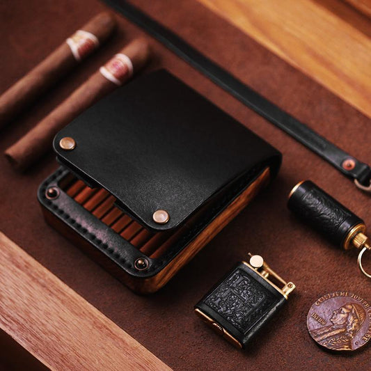 Cool Wooden Leather Mens Cigarette Case Black Custom Cigarette Holder for Men