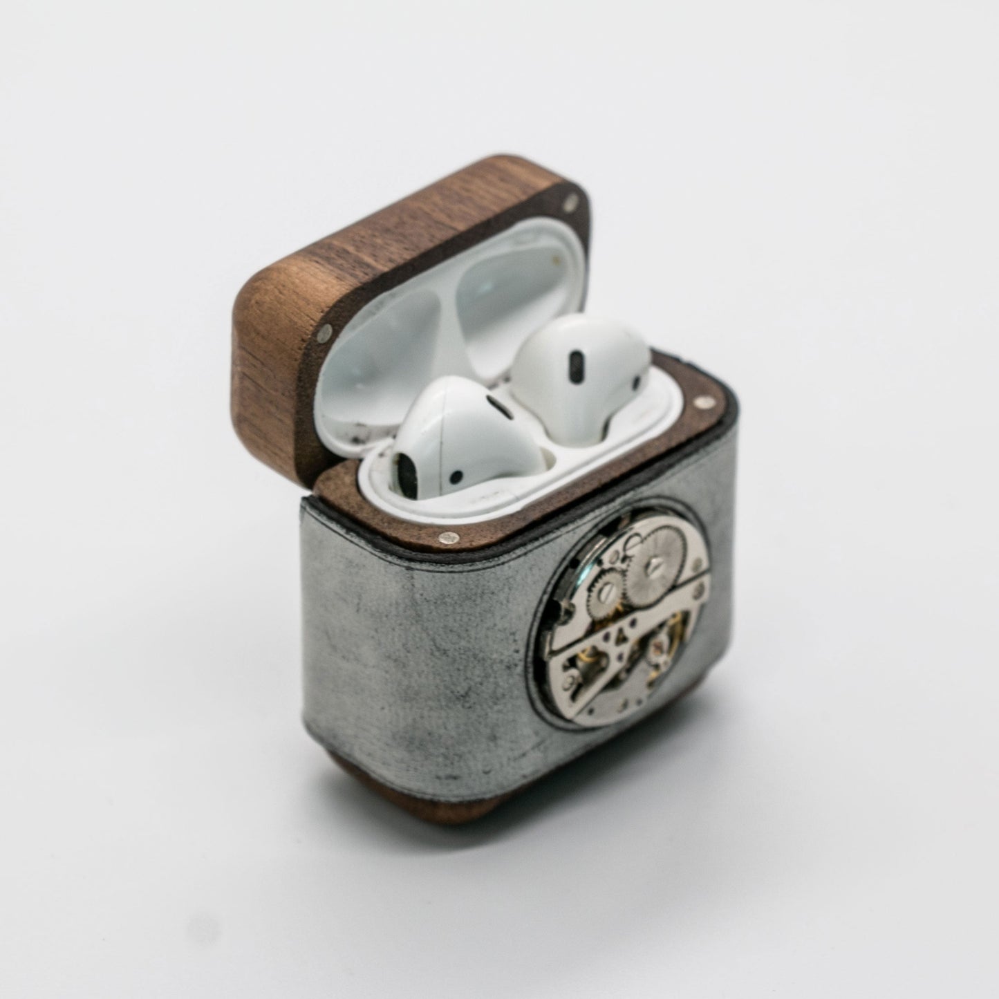 Handmade Leather Wood AirPods 1,2 Case with Silver Watch Movement Custom Leather AirPods 1,2 Case Airpod Case Cover