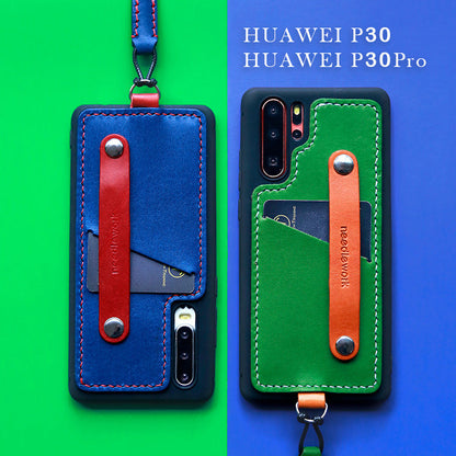 Handmade Green Leather Huawei P30 Pro Case with Card Holder CONTRAST COLOR Huawei P30 Pro Leather Case