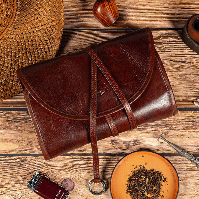 Black Leather Tobacco Pipe Pouch, Pipe Rollup Bag, The Pipe Smoker's Full Set, Handmade Pipe Tobacco Case