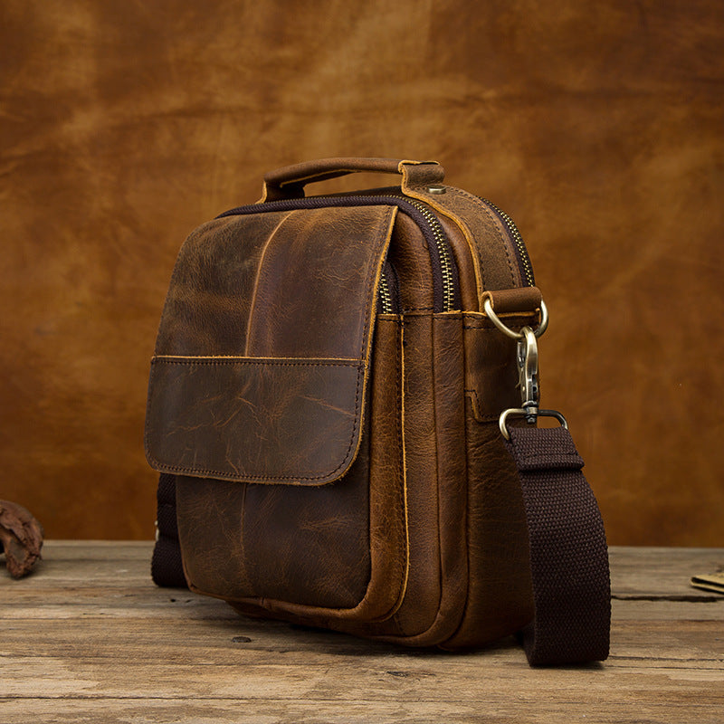 Vintage Brown Leather Mens Small Vertical Side Bag Shoulder Bags Messenger Bag For Men