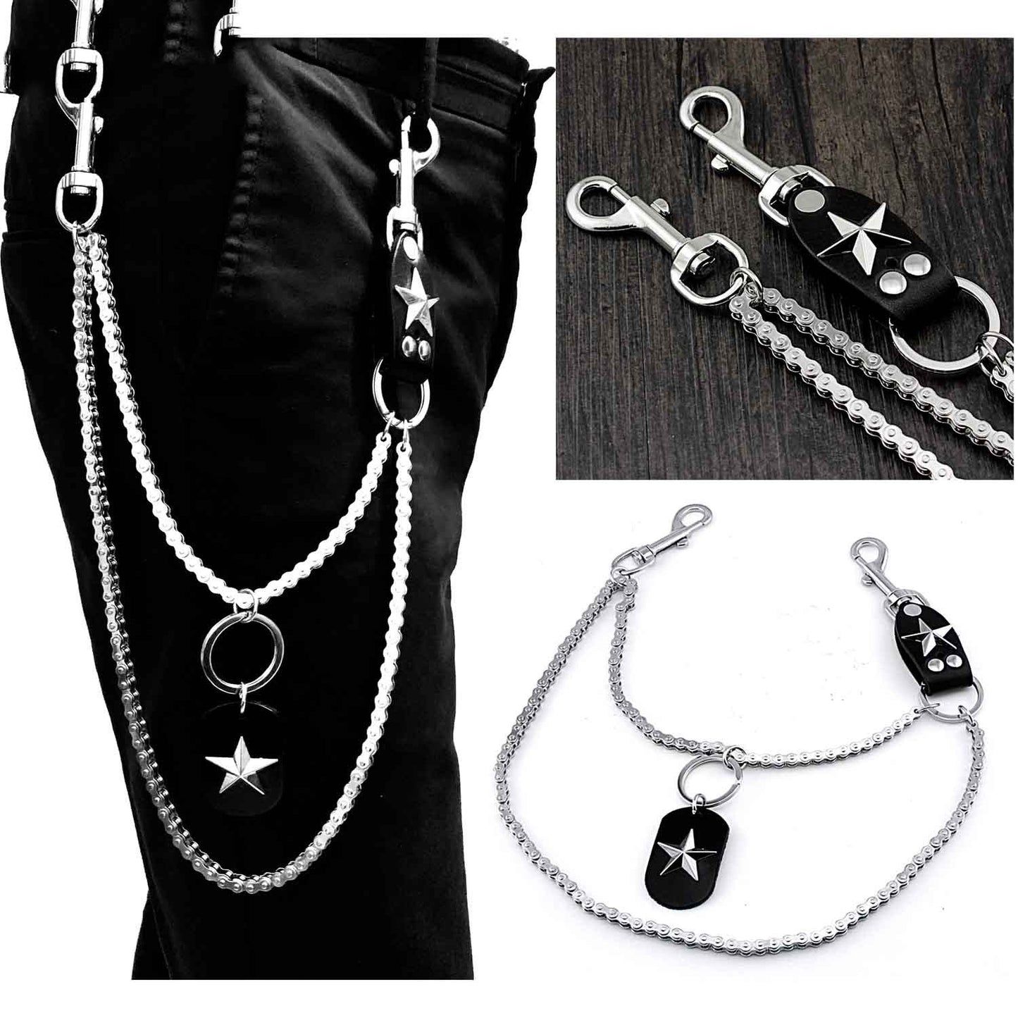 Mens Double Bike Wallet Chain Star Pants Chain Silver Biker Wallet Chain for Men