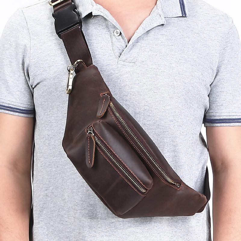 Mens Leather Fanny Packs Bum Bag Hip Pack Brown Leather Waist Bags for Men