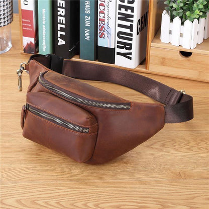 Mens Leather Fanny Packs Bum Bag Hip Pack Brown Leather Waist Bags for Men