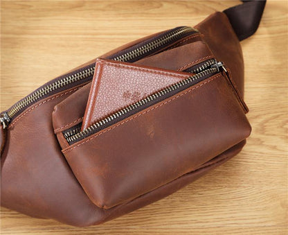 Mens Leather Fanny Packs Bum Bag Hip Pack Brown Leather Waist Bags for Men