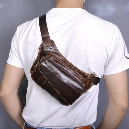 Brown Leather Fanny Pack Men's Black Chest Bag Hip Bag Vintage Waist Bag For Men