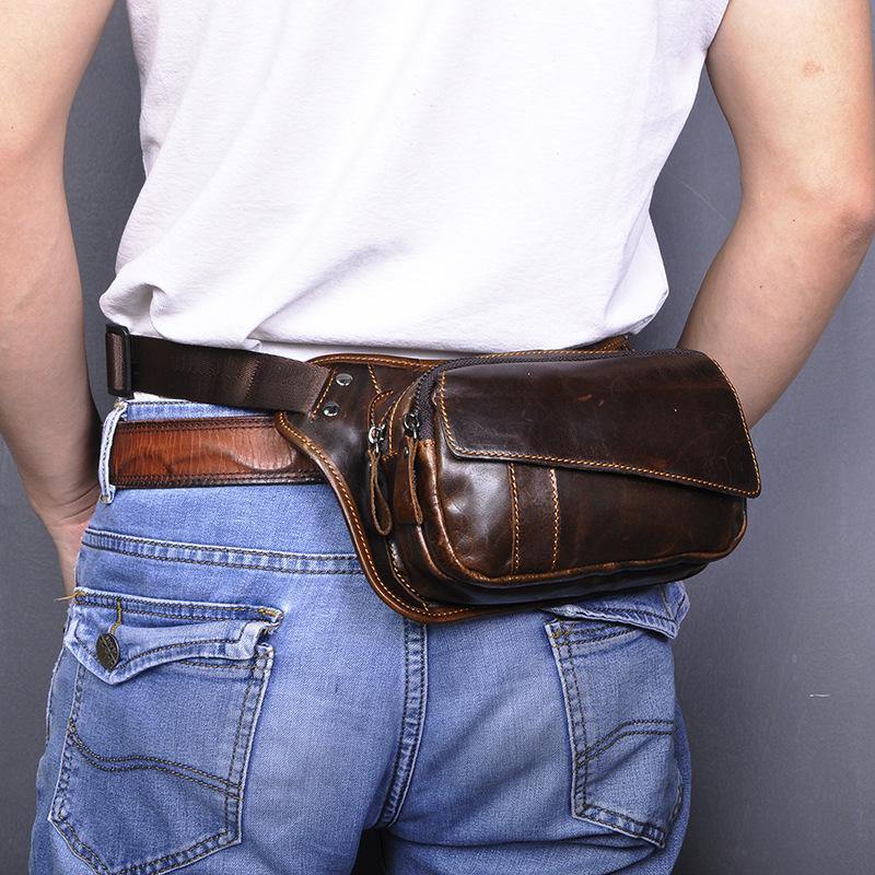 Brown Leather Fanny Pack Men's Black Chest Bag Hip Bag Vintage Waist Bag For Men