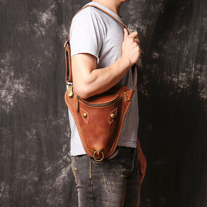 Brown Mens Leather Fanny Pack OX Head Bum Bag Cool Waist Bag for Men