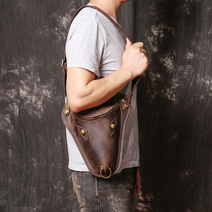 Brown Mens Leather Fanny Pack OX Head Bum Bag Cool Waist Bag for Men