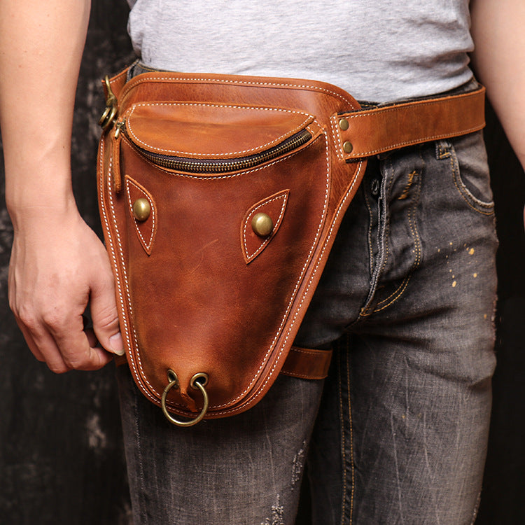 Brown Mens Leather Fanny Pack OX Head Bum Bag Cool Waist Bag for Men