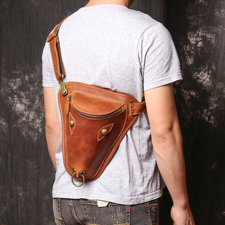 Brown Mens Leather Fanny Pack OX Head Bum Bag Cool Waist Bag for Men