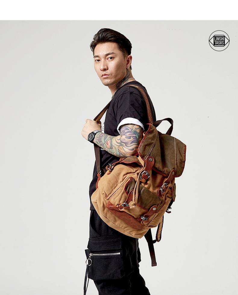 Khaki Canvas Leather Mens Large Backpack School Backpack Canvas Travel Backpack For Men