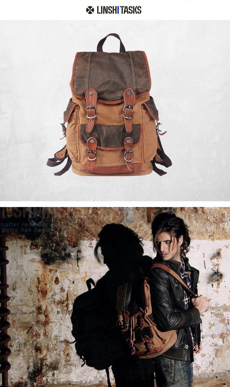 Khaki Canvas Leather Mens Large Backpack School Backpack Canvas Travel Backpack For Men