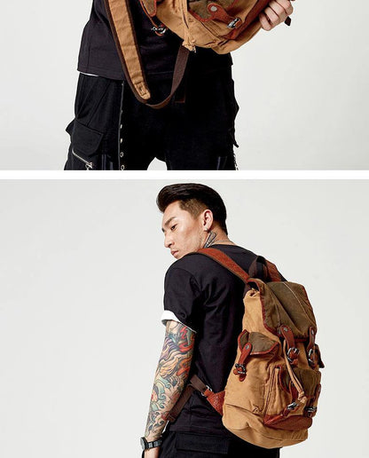 Khaki Canvas Leather Mens Large Backpack School Backpack Canvas Travel Backpack For Men