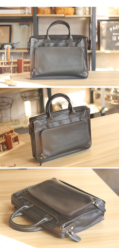 Vintage Black Mens Leather Briefcases Work Handbag Black 14'' Computer Briefcases For Men