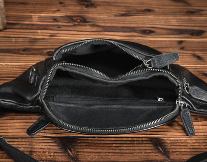 Black Mens Leather Fanny Pack Bum Bag for Men Casual Waist Bags for Men