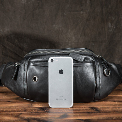 Black Mens Leather Fanny Pack Bum Bag for Men Casual Waist Bags for Men